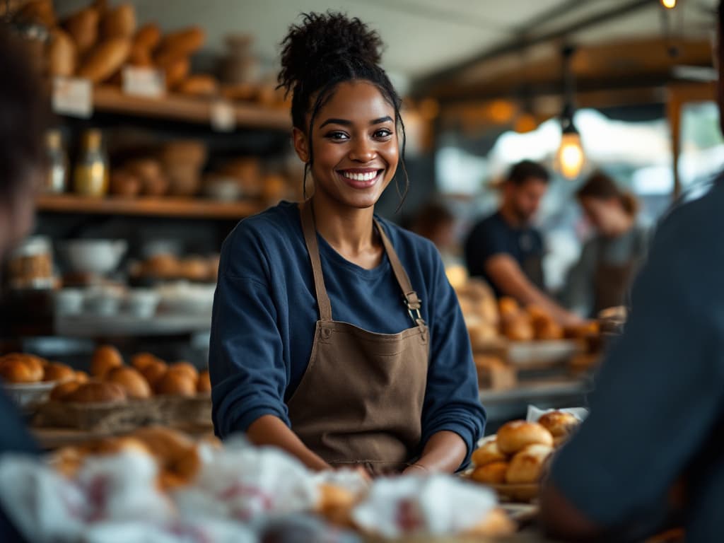 A smiling stallholder serving customers