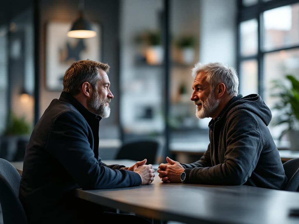 Two men talking one-to-one across a table