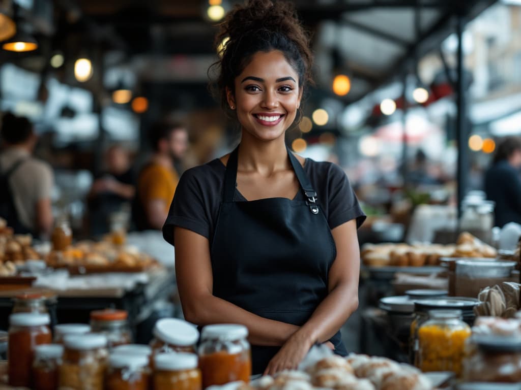 A woman behind her food stall at a busy market