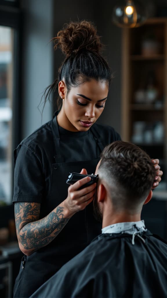 A barber concentrating on a client's fade in her own shop
