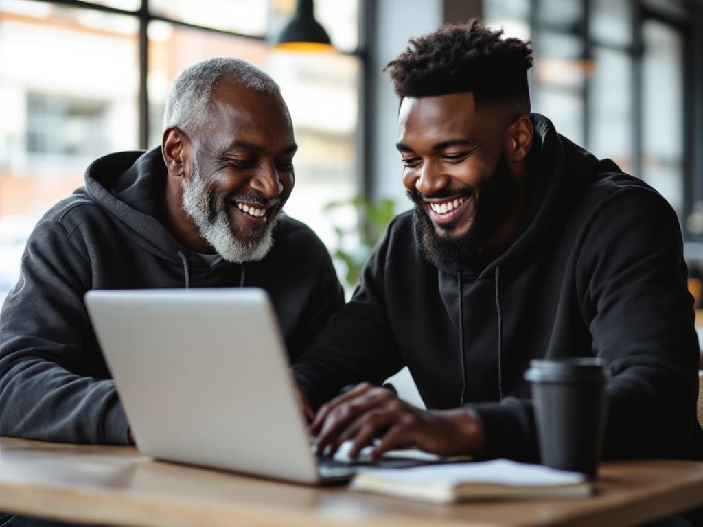 A mentor and a young founder reviewing a business plan on a laptop