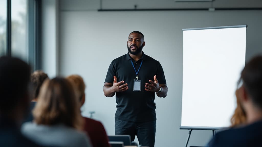A Lagits mentor speaking to a seated group in a training room