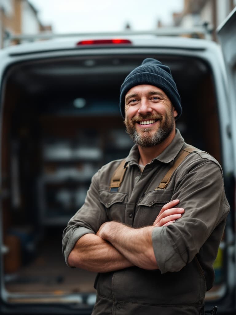 A tradesman standing proudly beside his work van and tools